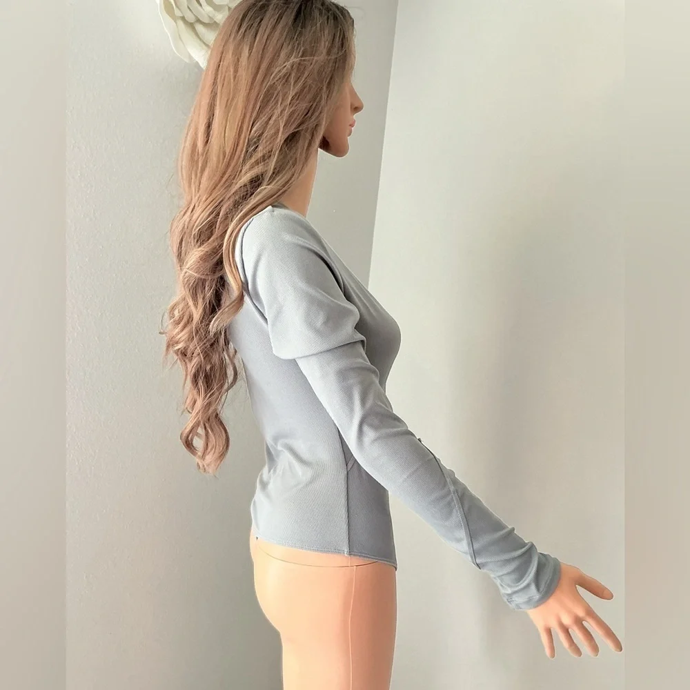 Free People Light Blue Long Sleeve Bodysuit